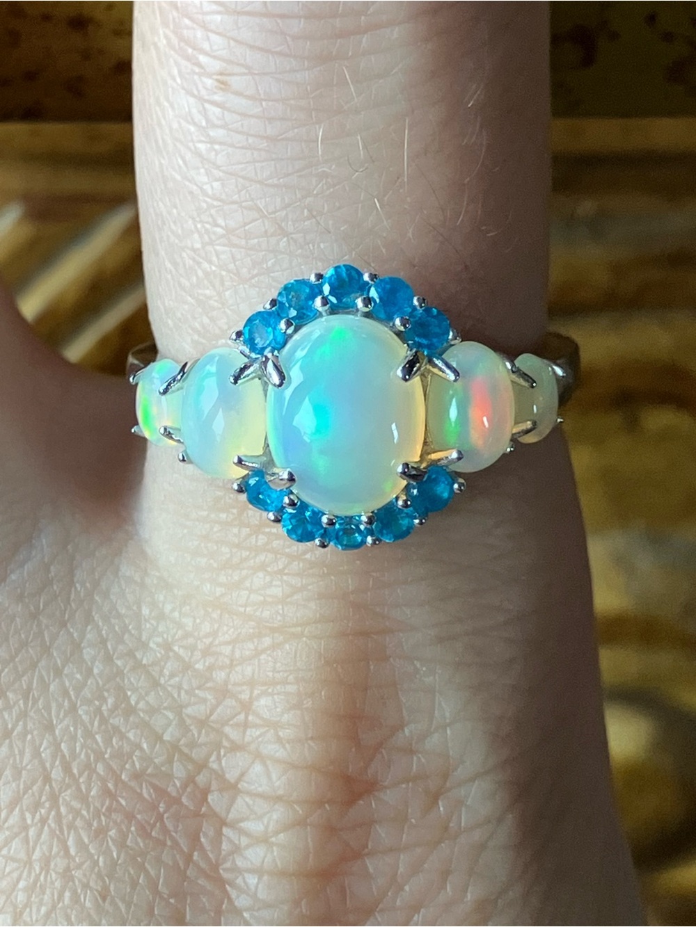 Natural Ethiopian Opal Blue Apatite Sterling Silver Ring Size 9